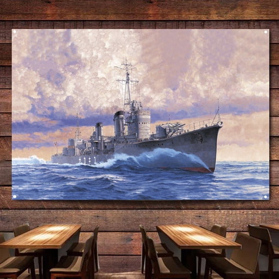IJN Destroyer Yukikaze 1940 Battleship Wall Art Banners Hanging Flags Wall Chart Warship Military Art Poster Canvas Print Art Painting Room Office Home Decor Tapestry,38X57 inches