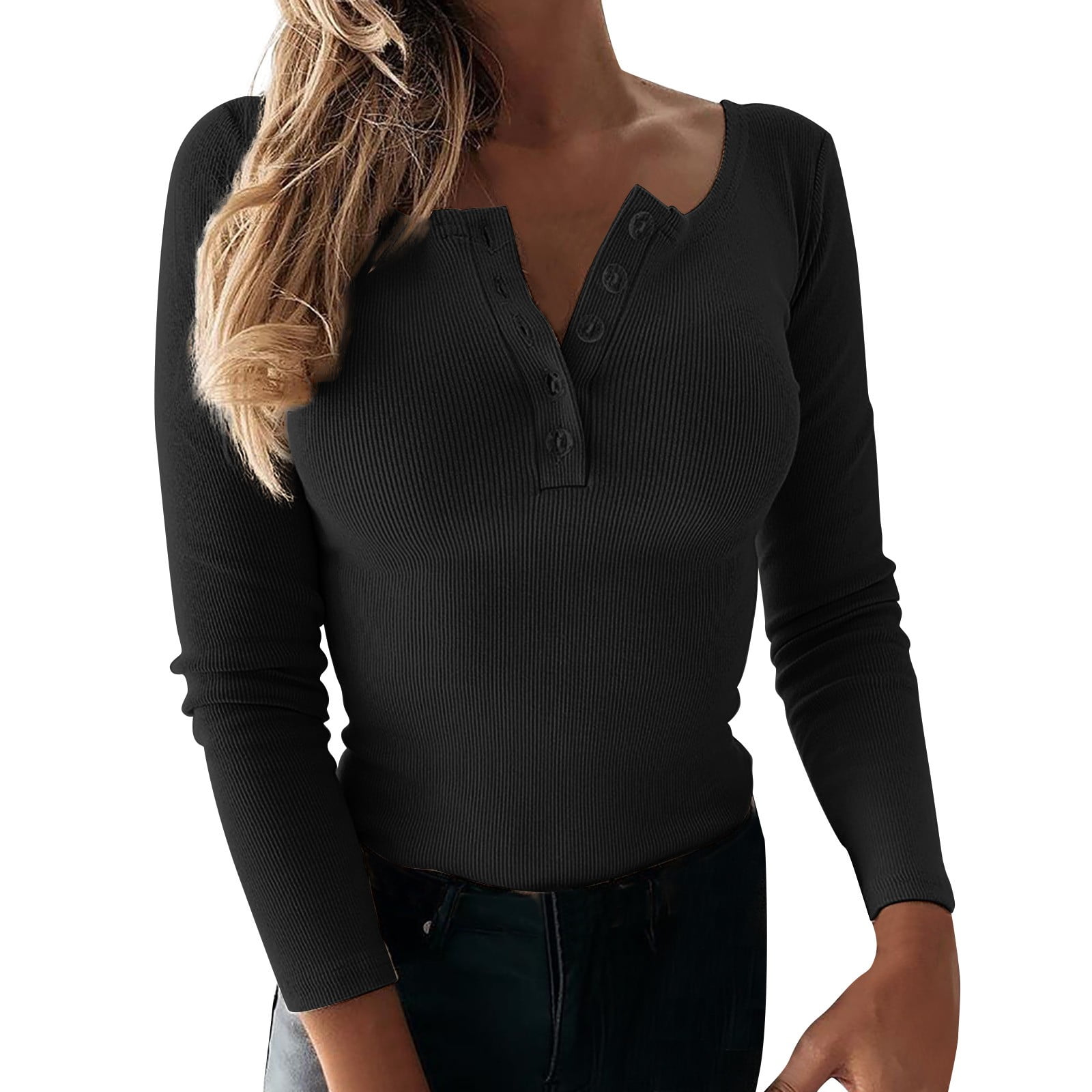 IJNGDD Women's Henley T Shirts Casual Solid Long Sleeve Button V Neck