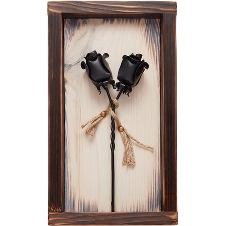 IK Style Set of 2 Forged Iron Roses Twisted Together Forever - Placed in Mountable Wooden Frame - Unique 3D