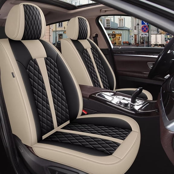 LAONNVIR Car 2-Seat Covers for GMC YUKON XL 2007-2024 Front Row PU Leather Cushion Pad (Black&Beige)