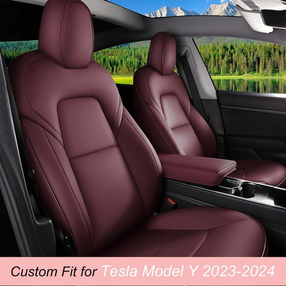 IKABEVEM Car Seat Cover for Tesla Model Y 2023-2024 - Full Set Faux Leather Seat Covers (Wine Red)