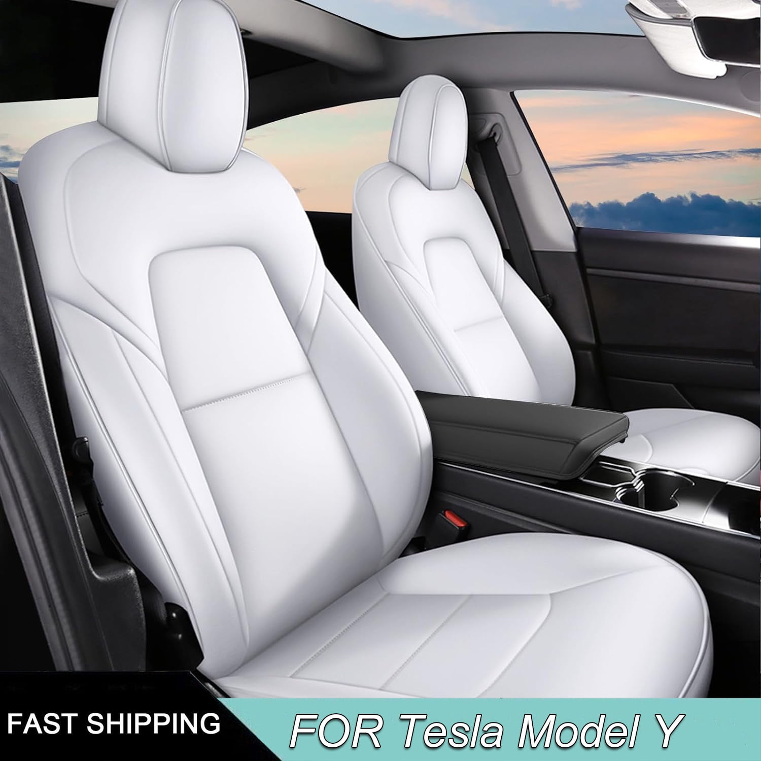 IKABEVEM Car Seat Cover for Tesla Model Y 2023 2024 - Full Set Fully Wrapped White Seat Covers 5 Seater