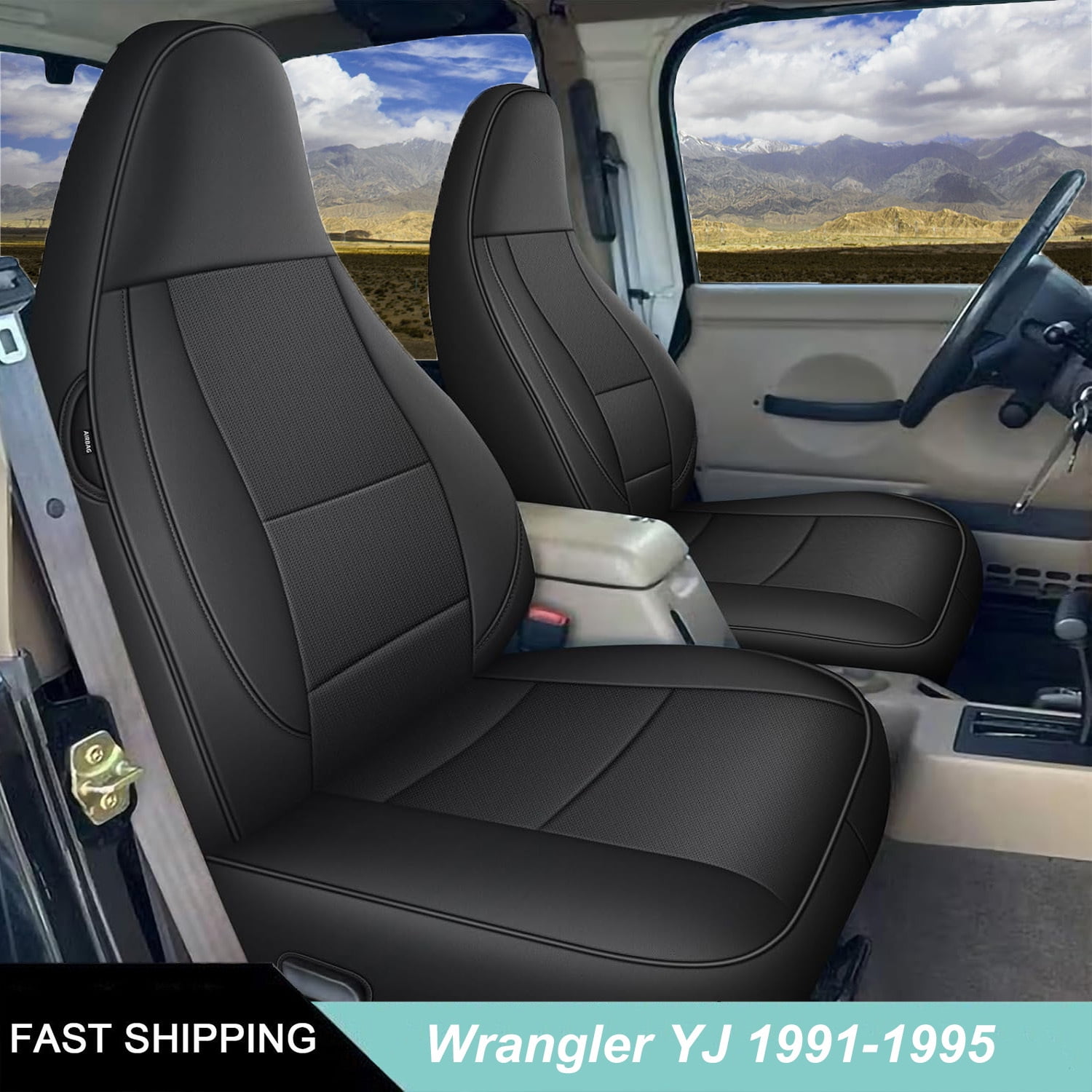 IKABEVEM Custom Fit Seat Covers for Jeep Wrangler YJ 1991-1995 Waterproof Leather Car Seats Cover Full Set（Black）
