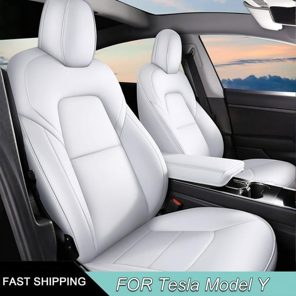 IKABEVEM Custom Fit Seat Covers for Tesla Model Y 2020 2021 2022 Full Set White Leather Car Seat Covers 5 Seater