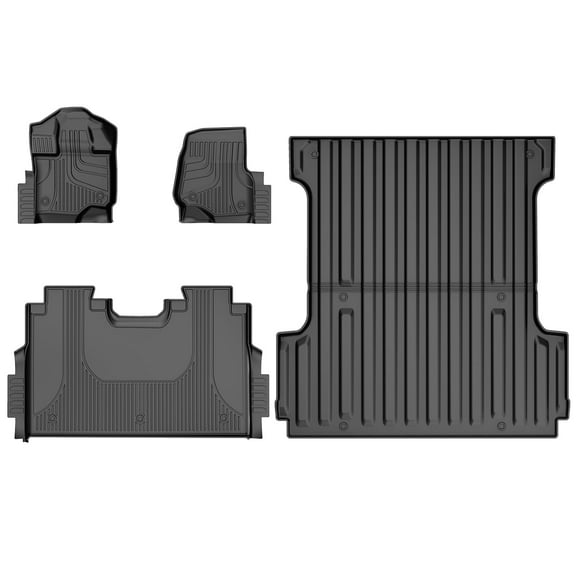 IKABEVEM Floor Mats and 5.5FT Truck Bed Mat for 2015-2024 Ford F150 Super Crew Cab - 1st & 2nd Row Full Set Car Accessories Custom Fit All Weather Cargo Liner for Ford F150, Black