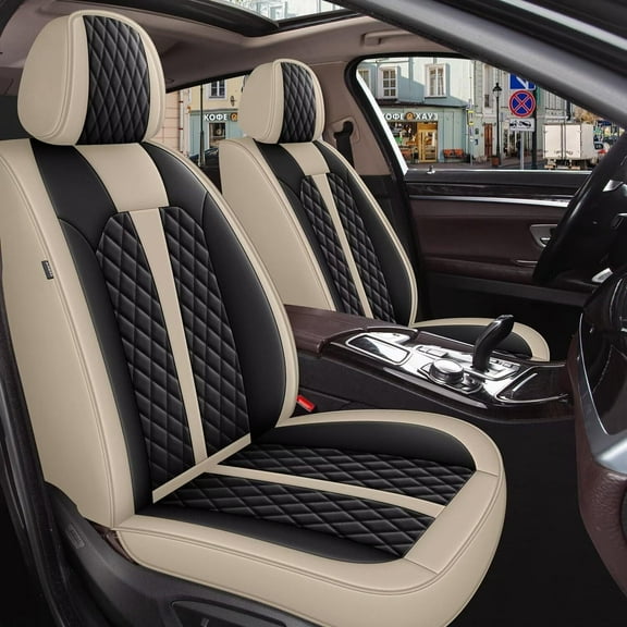 LAONNVIR Front Row Car 2-Seat Covers For Buick Rendezvous 2002-2007 Cushion PU Leather (Black&Beige)