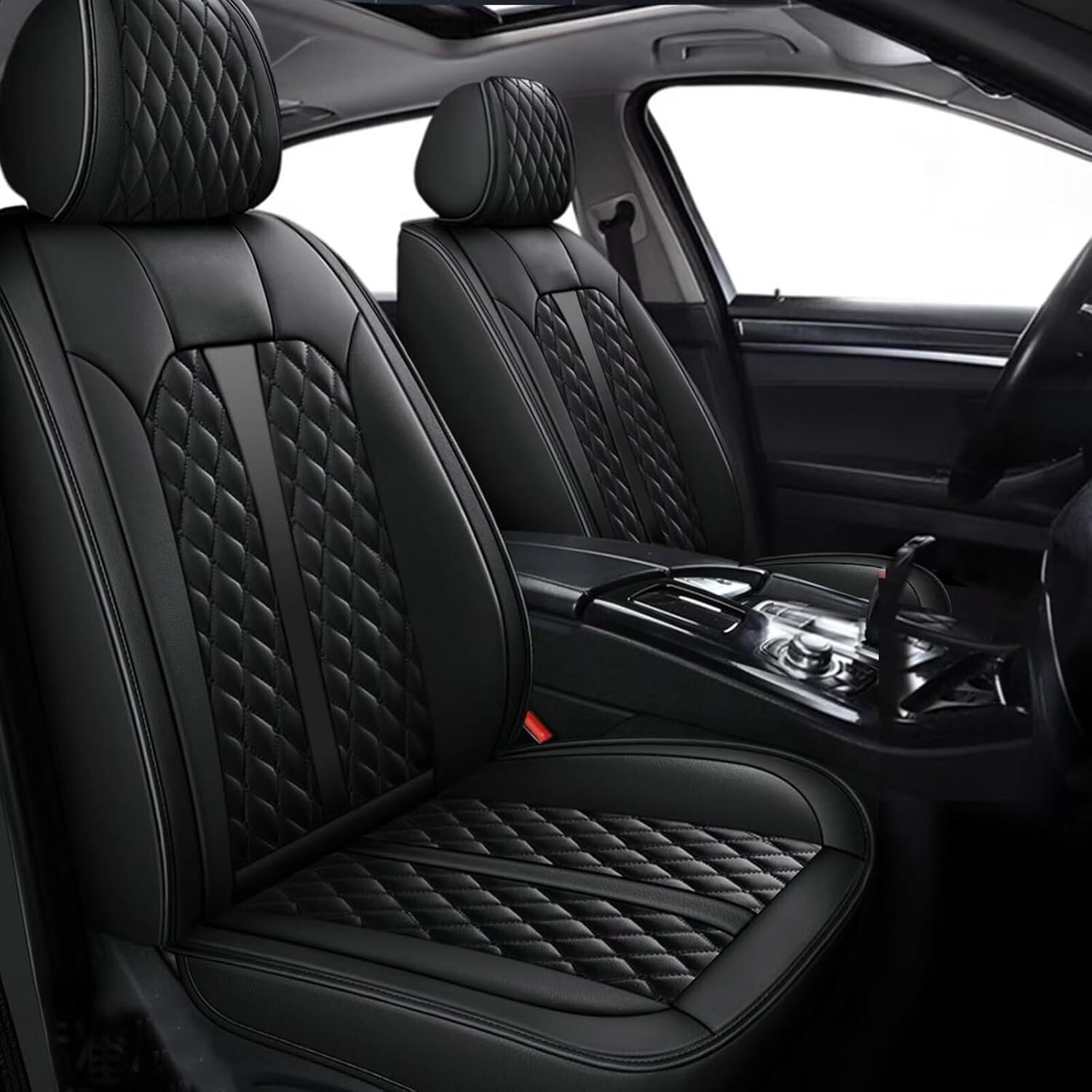 Black Faux Leather Full Set Car Seat Covers with Quilted Design