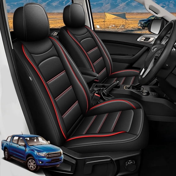 IKABEVEM Seat Covers Custom Fit for Ford Ranger 2019 2020 2021 2022 2023 2024 2025 2026 Ford Ranger Perforated Leather Truck 5 Seat Covers Full Set (Red 017)
