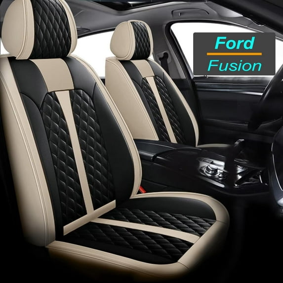 IKABEVEM for Ford Fusion 2006-2020 Car Seat Cover,Standard Leather Car Seat Covers, Universal Anti-Slip Driver Seat Cover (Black&Beige)