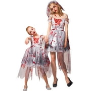 IKALI Adults Women Girls Zombie Bride Halloween Costume with Veil, Mommy and Daughter Matching Fancy Dress Outfit