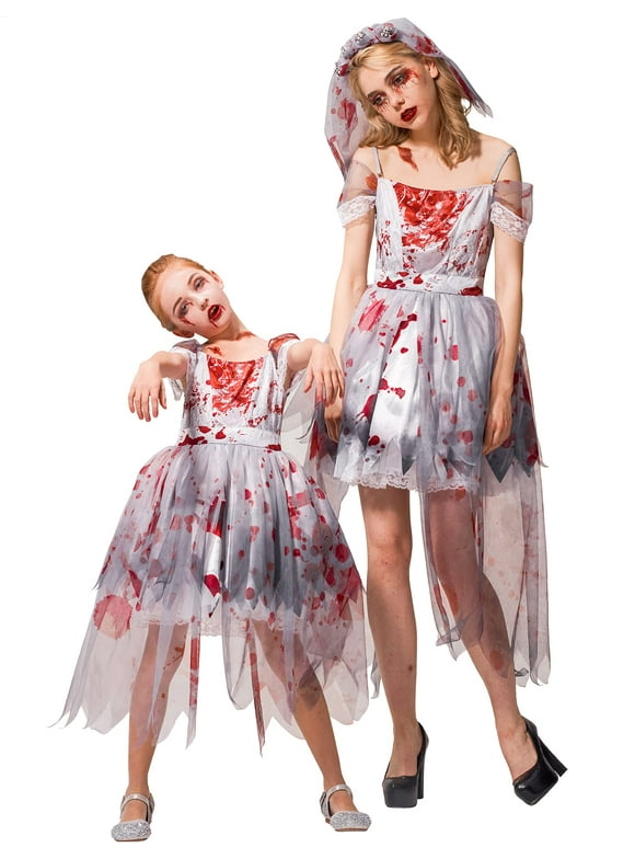 IKALI Adults Women Girls Zombie Bride Halloween Costume with Veil, Mommy and Daughter Matching Fancy Dress Outfit