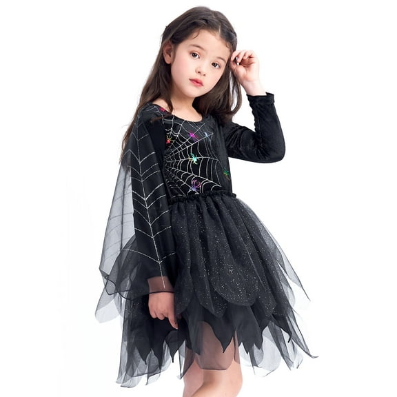 IKALI Black Witch Costume Girls with Spider Cape Kids Halloween Evil Outfit Magic Fancy Dress
