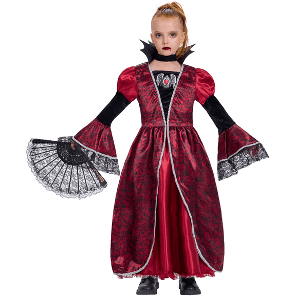 Girls Vampire Costume - Royal Vampiress Queen Dress, Gothic Halloween Fancy Dress Up for Kids 7-8 Years