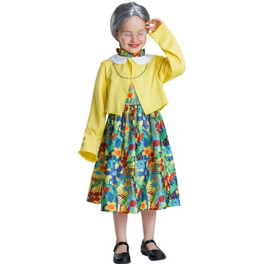 IKALI Old Lady Costume for Kids, Girls 100th Day of School Costume, 90s Floral Dress Granny Outfit 7-8Y
