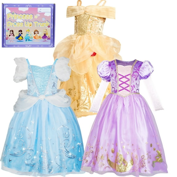 Girls Princess Dress up Clothes, 3Pack Princess Costume Trunk for Kids Pretend Play Christmas Birthday Gift