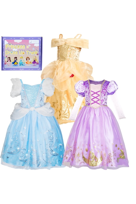 Girls Princess Dress up Clothes, 3Pack Princess Costume Trunk for Kids Pretend Play Christmas Birthday Gift