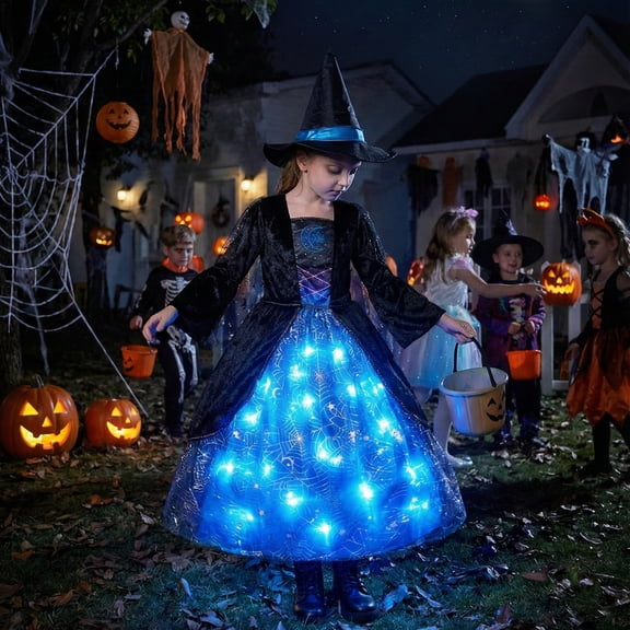Girls Light-Up Witch Halloween Costume, LED Glow in the Dark Spiderweb Dress with Hat 3-10Years
