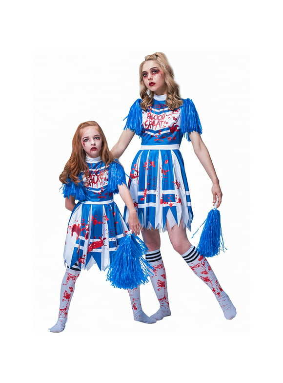IKALI Girls Zombie Cheerleader Costume, High School Bloody Fancy Dress Up Kids Outfit