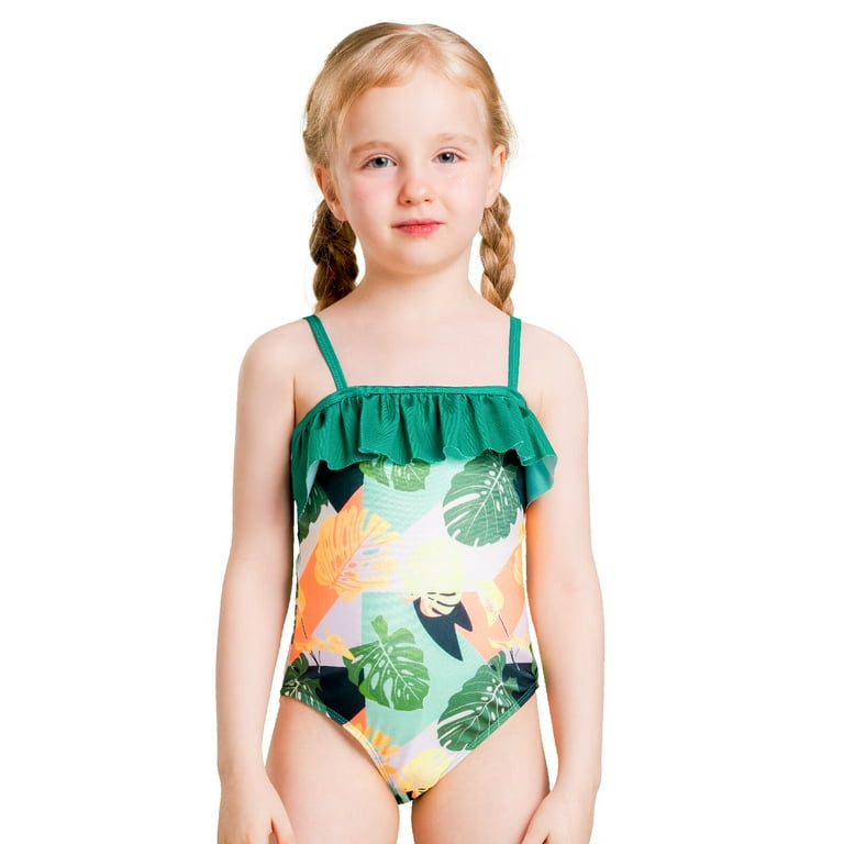 IKALI Swimming Suit, Girls Princess Green Leaves Swimwear, One-piece Design  Ruffle Tropical Rain Forest Design Bathing Suit Birthday Gift 4-9 Years