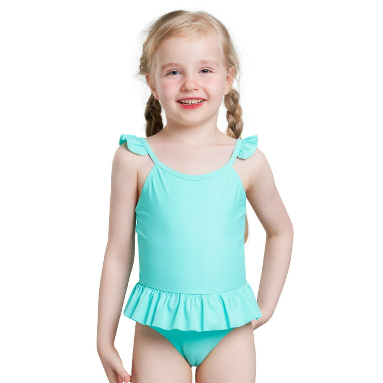 IKALI Swimming Suit, Girls Princess Sky Blue Solid Swimwear, One-piece  Design Ruffle Fancy Bathing Suit Birthday Gift 4-9 Years