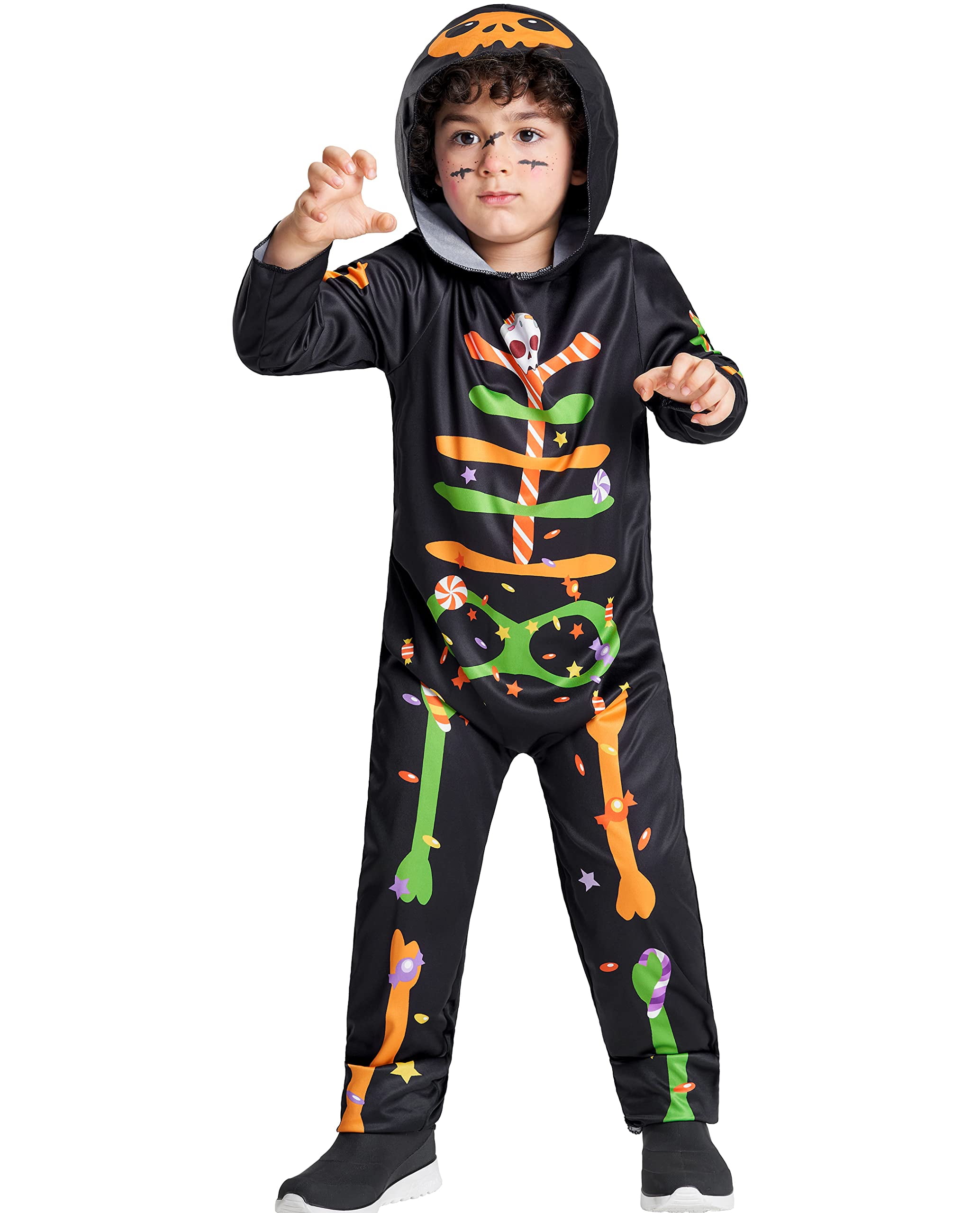 IKALI Toddler Boys Skeleton Costume, Colorful Bones Jumpsuit Bodysuit