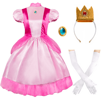 IKALI Women Princess Costume, 3 Piece Super Brothers Pink Dress with Crown Gloves for Adults Woman S