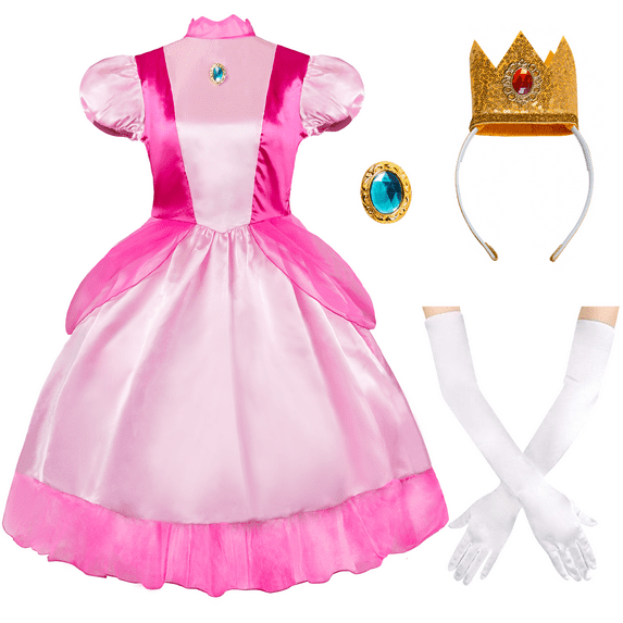 IKALI Women Princess Costume, 3 Piece Super Brothers Pink Dress with Crown Gloves for Adults Woman S