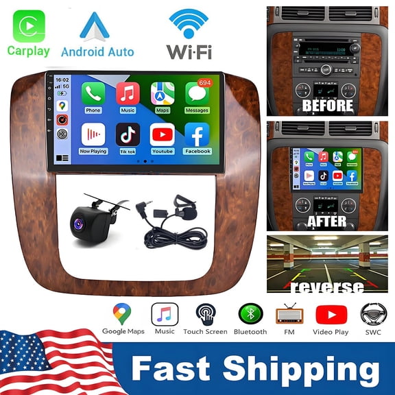 IKASEFU Car Radio for Chevrolet GMC 2006-2014 Wireles CarPlay Android Auto, 9" Touch Screen Car Navigation, GPS, WiFi, Bluetooth, Backup Camera, SWC