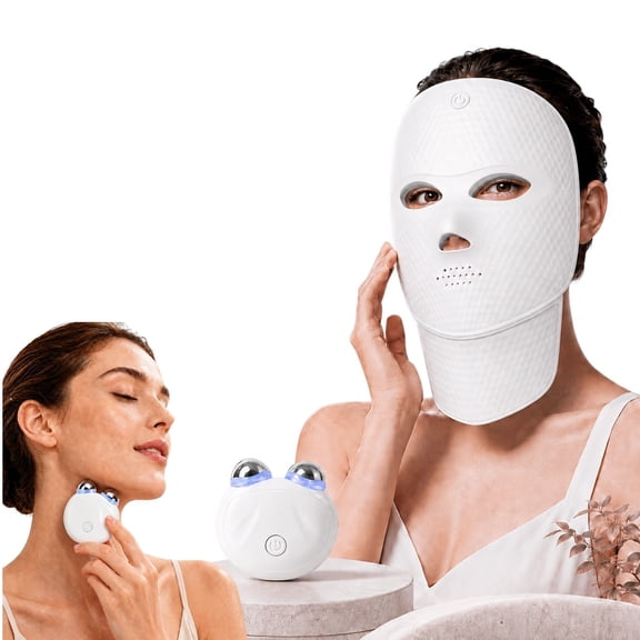 IKEENER 2-in-1 LED Face Mask & Vibration Facial Massager Set, 7 Color Light Therapy Mask for Face & Neck, Roller Beauty Device for Jawline Skin Care-All-White Outfit