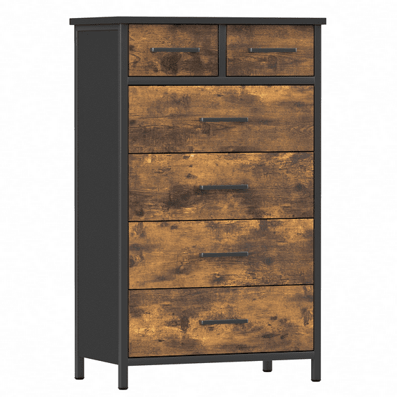 IKENO 6 Drawer Wood Dresser, Industrial Wood Storage Dresser Clothes Organizer, Sturdy Steel Frame, Storage Dresser for Bedroom