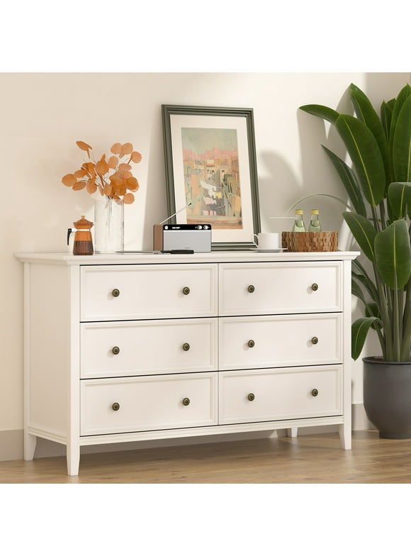 IKENO 6 Drawers White Dresser, Modern Solid Wood Chest of Drawers, White Dresser for Bedroom Room