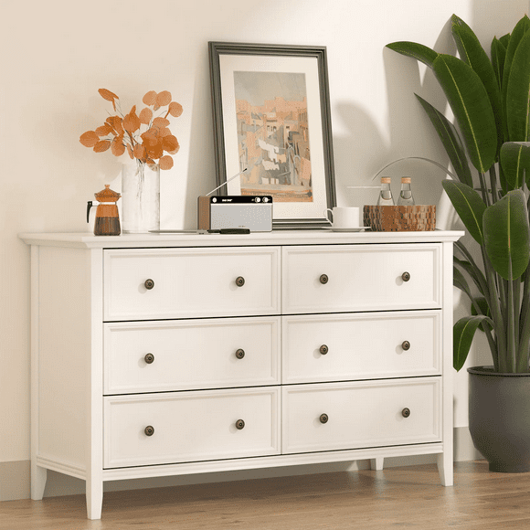 IKENO 6 Drawers White Dresser, Modern Solid Wood Chest of Drawers, White Dresser for Bedroom Room