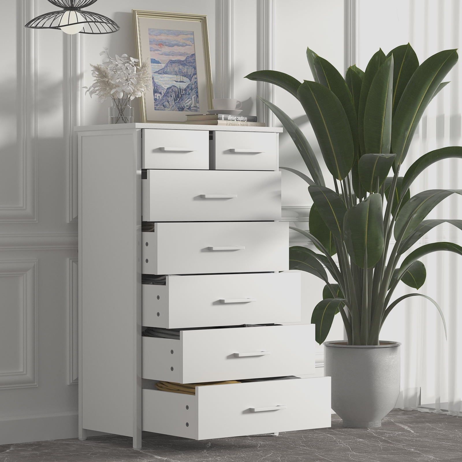 IKENO Industrial Style Tall Chest, 7 Drawer White Dresser