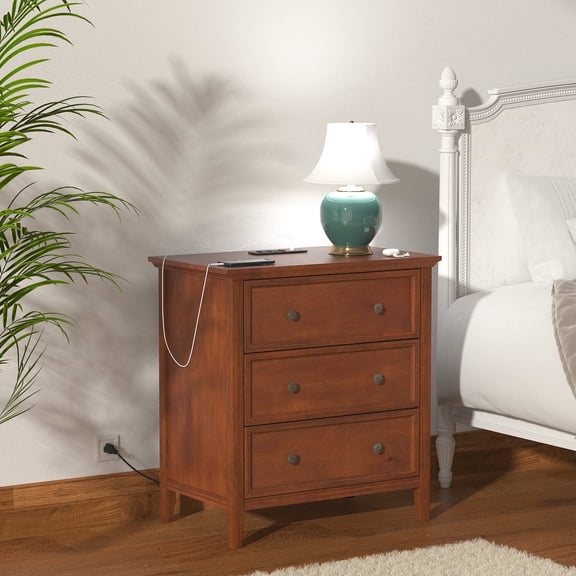 Gacfiew Nightstand with 3 Drawers & Charging Station, Caramel