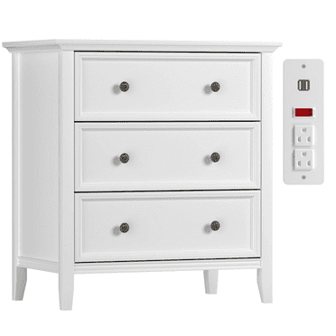 IKENO Nightstand with 3 Drawers and Charging Station, Solid Wood Dresser Organizer for Bedroom