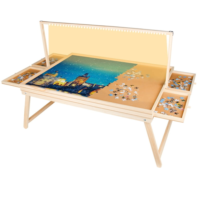 IKER 1500 Pieces Wooden Puzzle Board with LED Light, Jigsaw Puzzle Table  with Folding Legs, Cover and 4 Drawers for Puzzle Storage