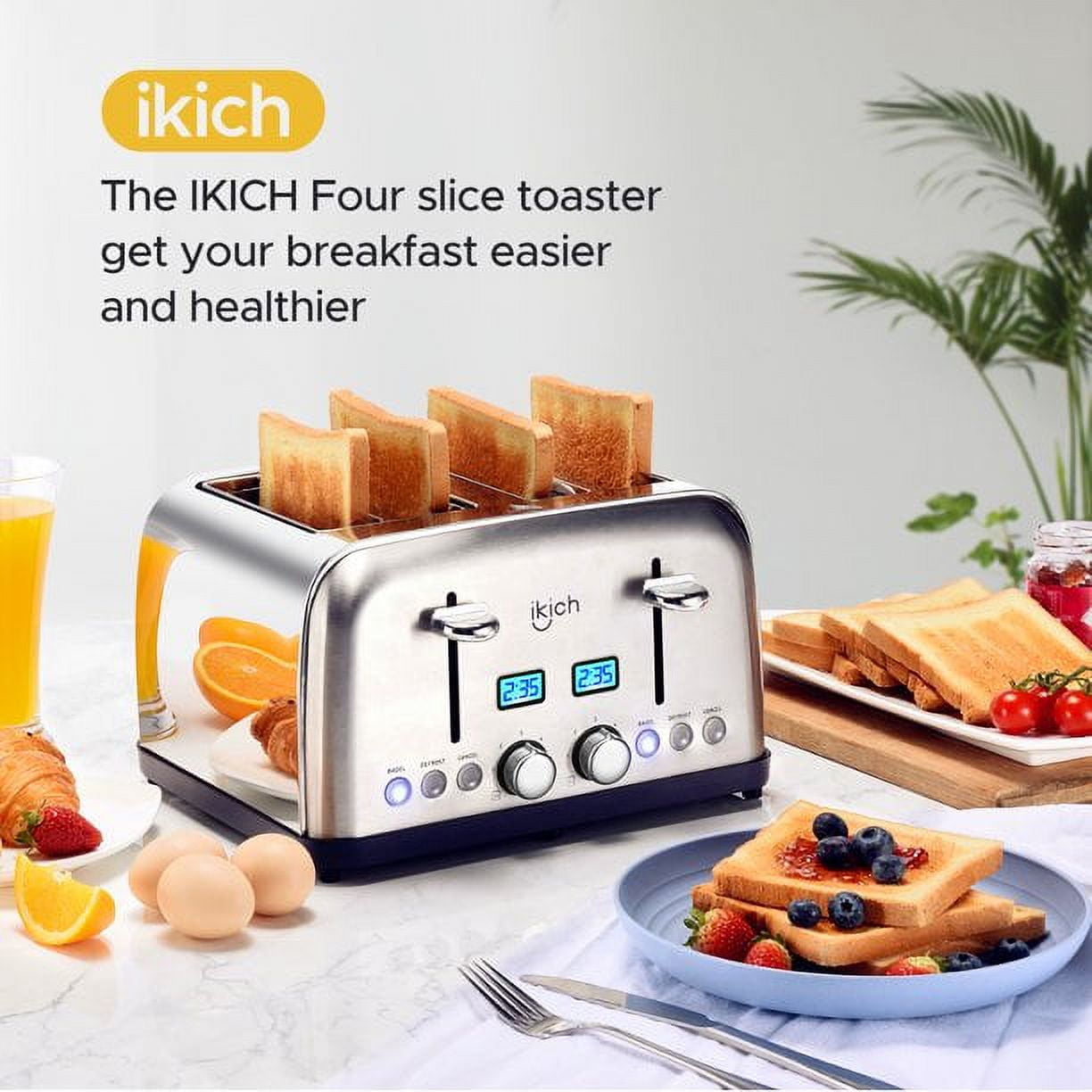 IKICH 4 Slice Toaster, Stainless Steel, Digital Countdown,6 Bread Shade