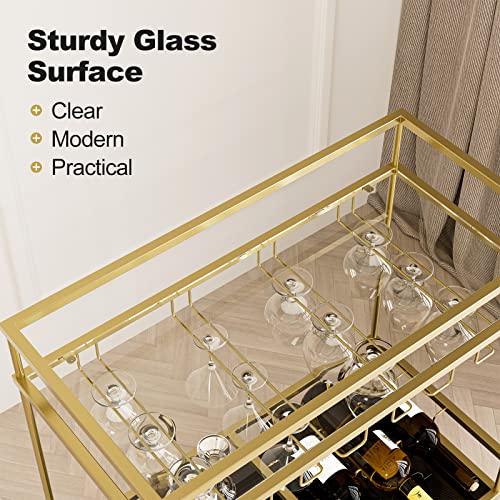 IKIFLY 2Tier Glass Bar Cart on Wheels Metal Rolling Serving Cart with Glass Stemware Racks