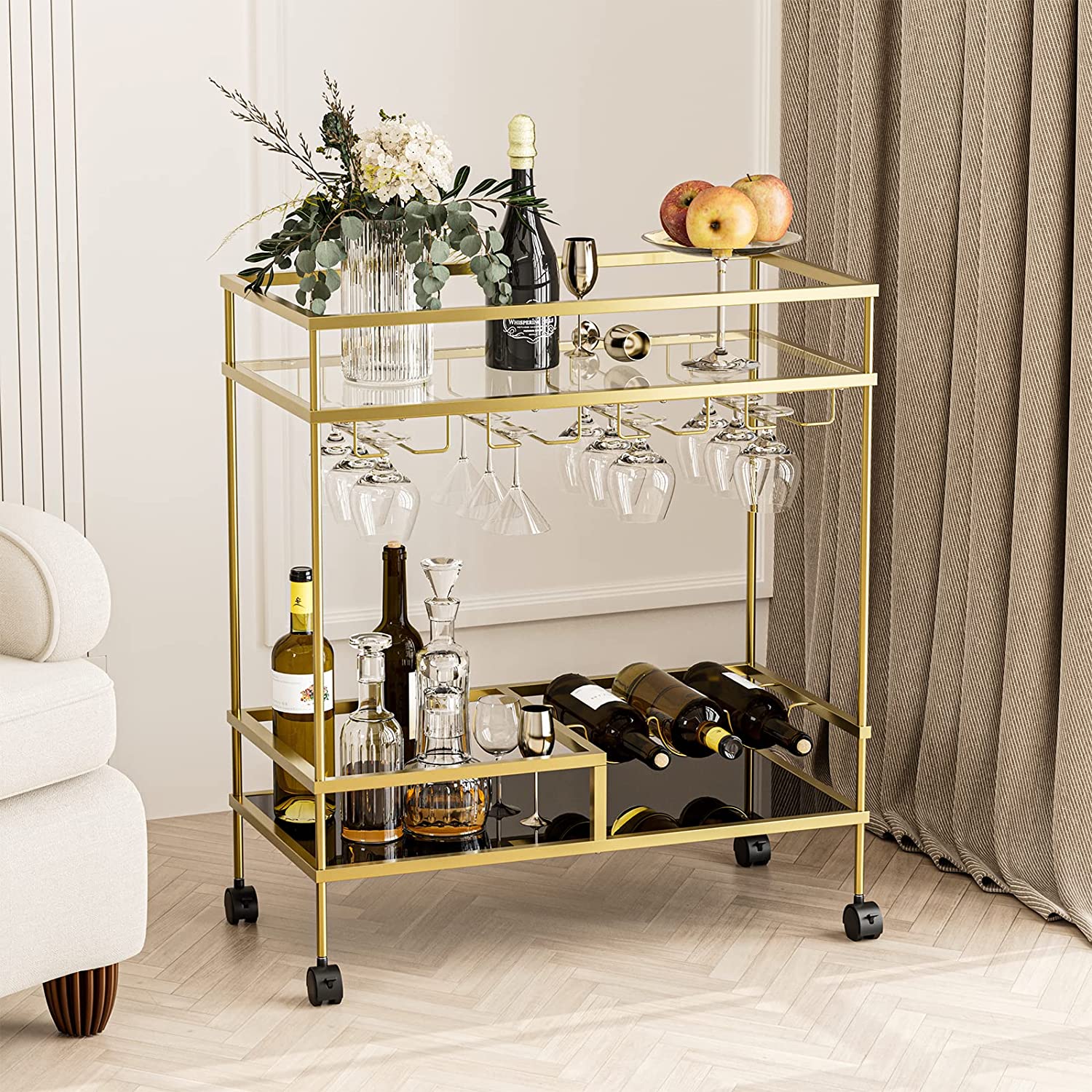 Bar Cart, Serving Cart with Wheels, Glass Stemware Rack