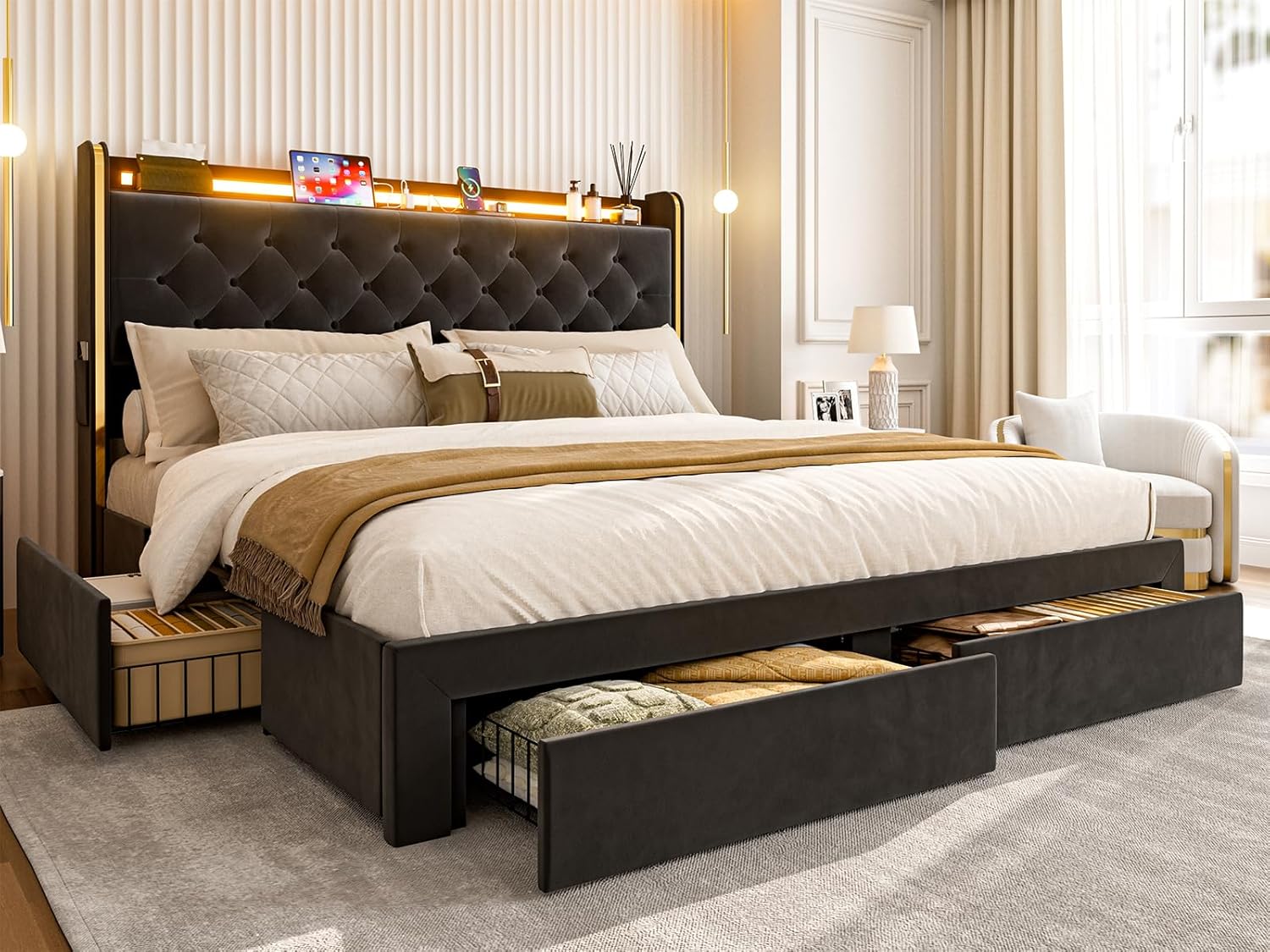 IKIFLY 49.2" Tall King Size Bed Frame with 4 Storage Drawers, Velvet ...