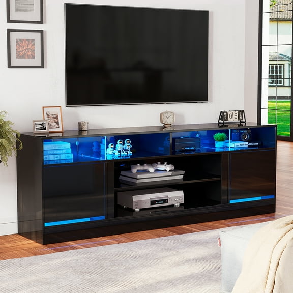 IKIFLY 75" Modern Medium Density Fiberboard Natural TV Console Table with LED Lights