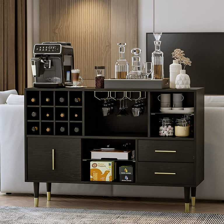 Kitchen Hutch Sideboard Wood Buffet Cabinet Kitchenware Server with Wine Bottle Modulars and 3 Large Drawers Black