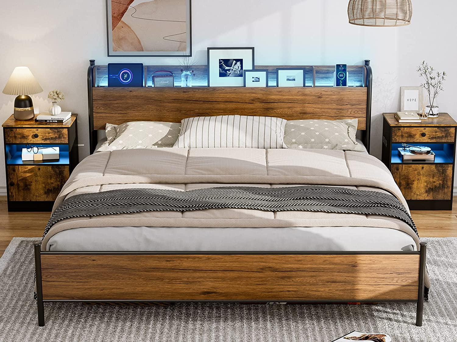 IKIFLY California King Bed Frame with Storage Shelf Headboard 2