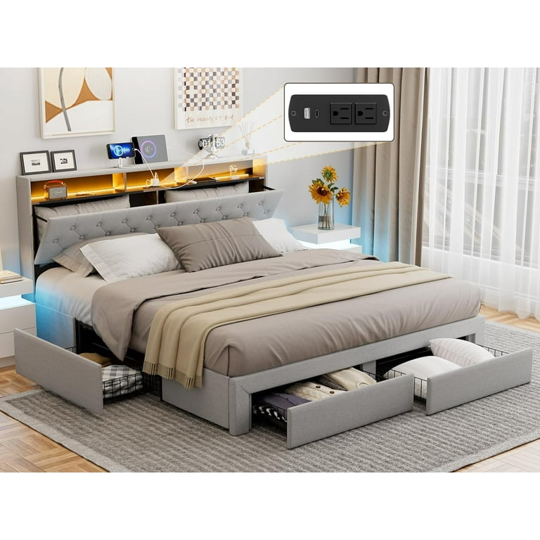 IKIFLY LED Bed Frame with Storage Charging Station California King Light Grey Walmart