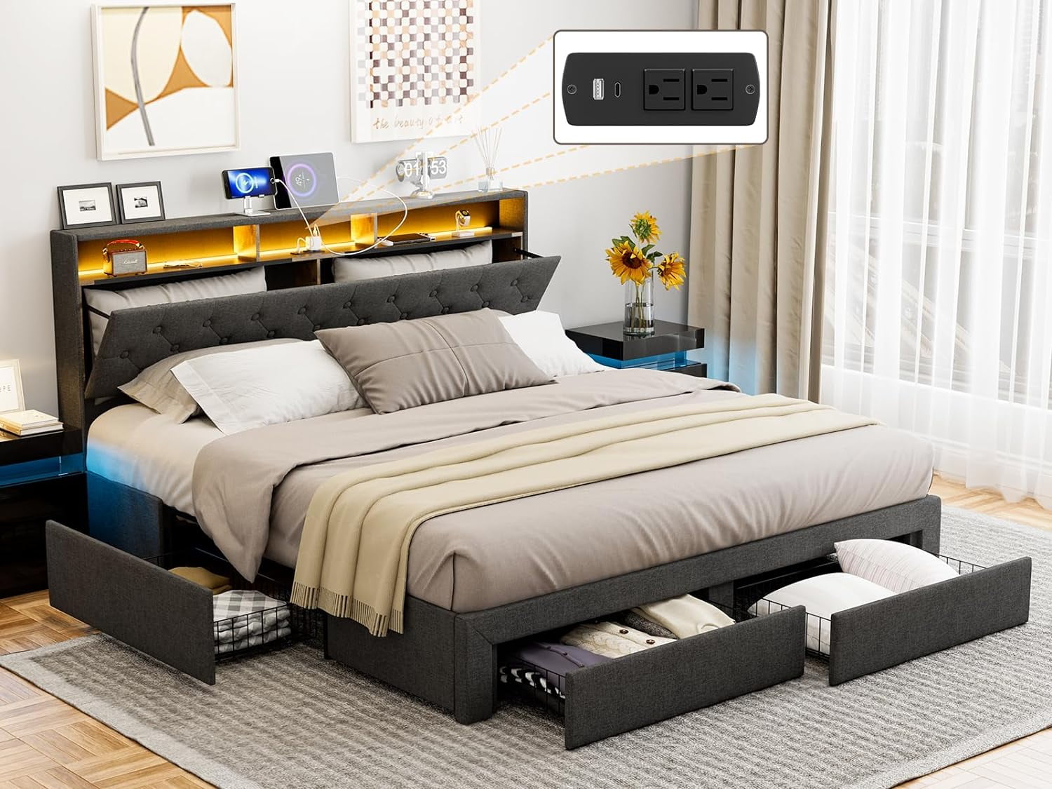 IKIFLY California King Bed Frames with Charging Station Storage