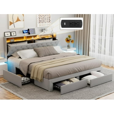 IKIFLY California King Bed Frames with Charging Station & Storage Headboard, Upholstered Linen Button Tufted LED Platform Bed with 4 Drawers, Solid Wood Slats, No Box Spring Needed - Light Grey