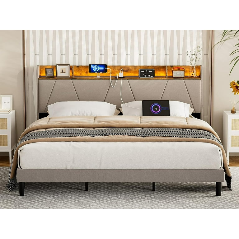 IKIFLY California King Bed Frames with Charging Station & Storage Shelf  Headboard, Upholstered Cal King LED Bed Frame - 2 Outlets and 2 USB Ports