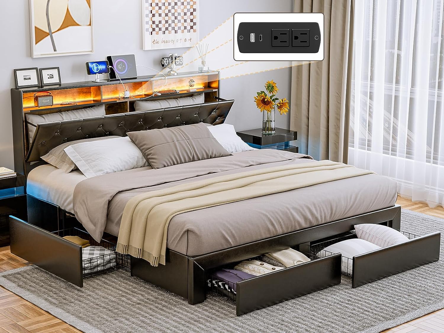 IKIFLY Upholstered LED Bed Frame with Storage Charging Station 4 Drawers Faux Leather Cal King Black Walmart