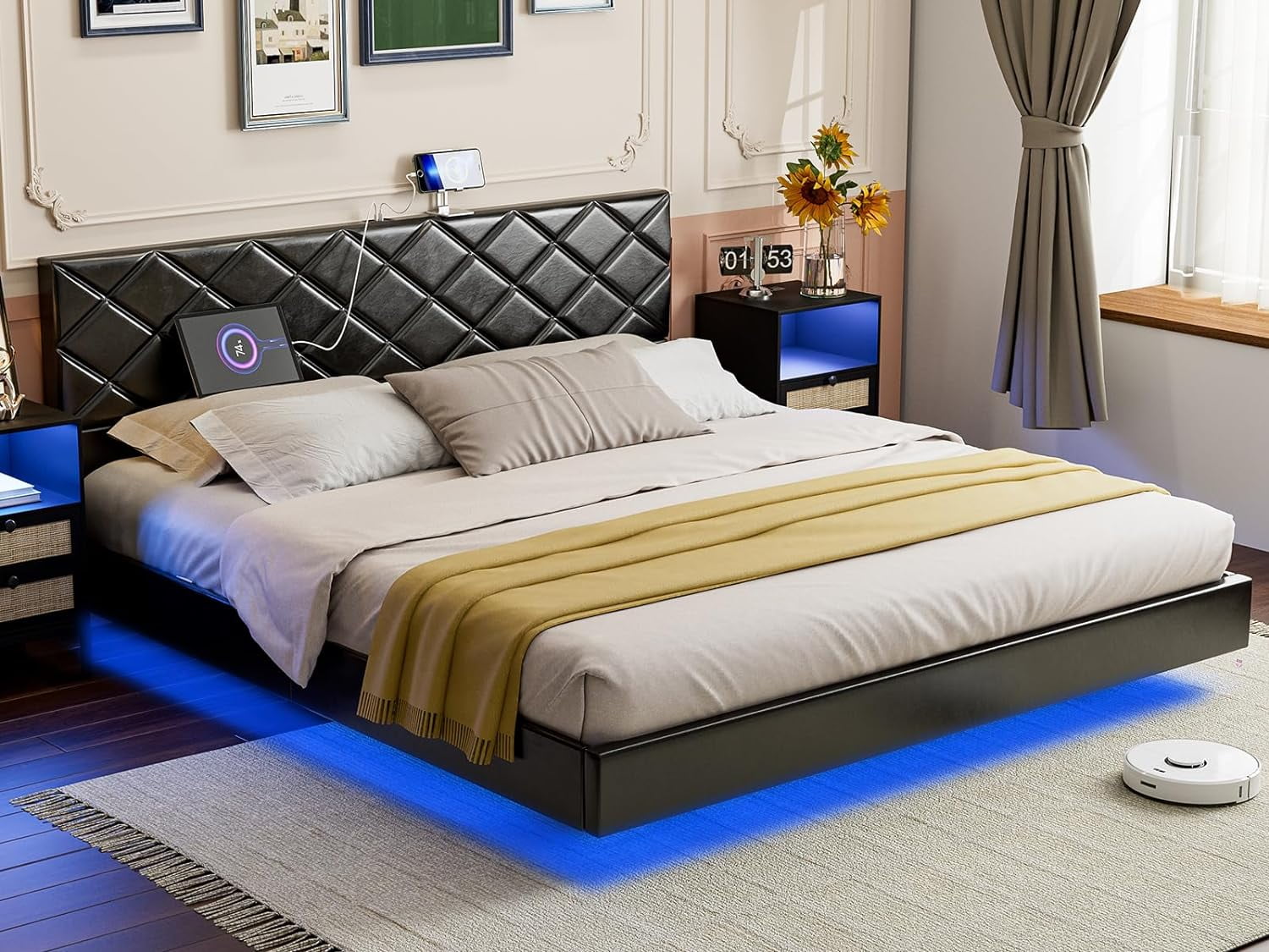 IKIFLY California King Floating Bed Frames with 2 USB Ports