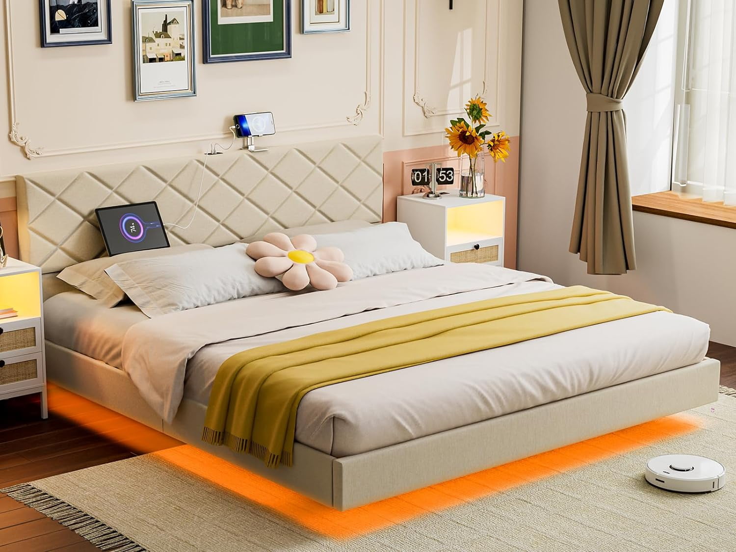 IKIFLY California King Floating Bed Frames with 2 USB Ports